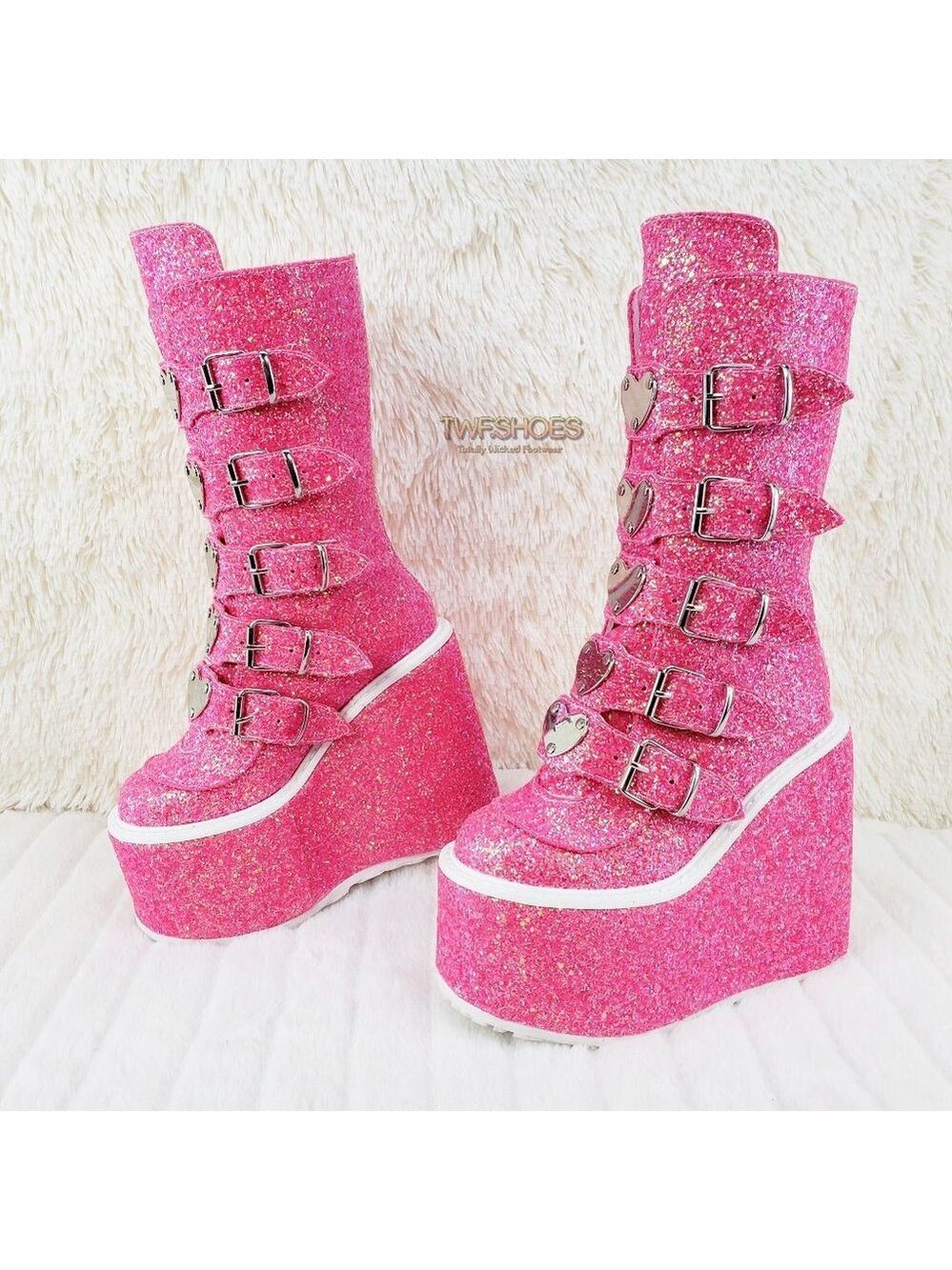 Swing Pink Cyber Punk Platform Glitter Heart Plate Boots